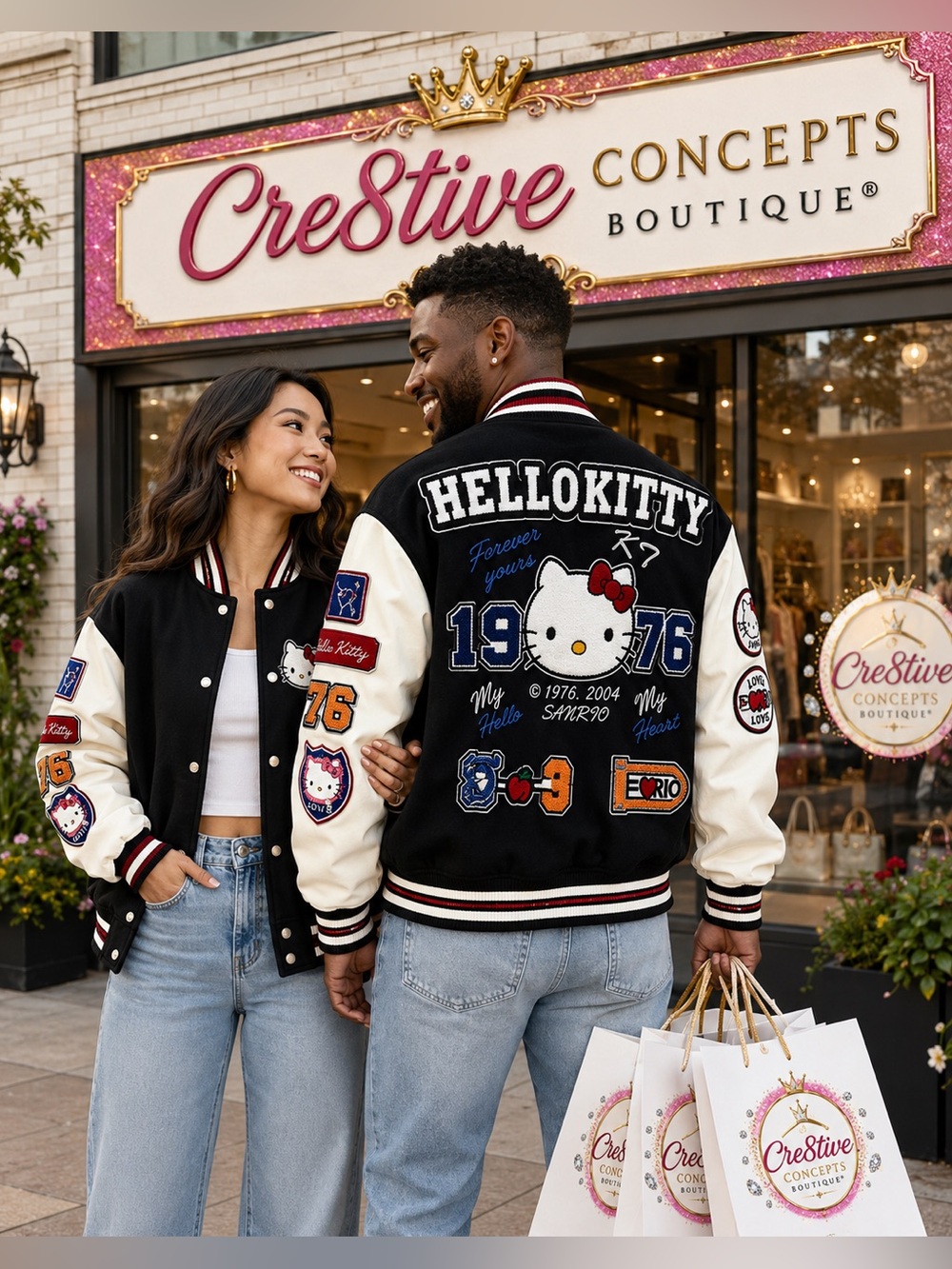 Hello Kitty Black & White Varsity Jacket – Sanrio Licensed Graphic Bomber Jacket - Picture 2 of 4